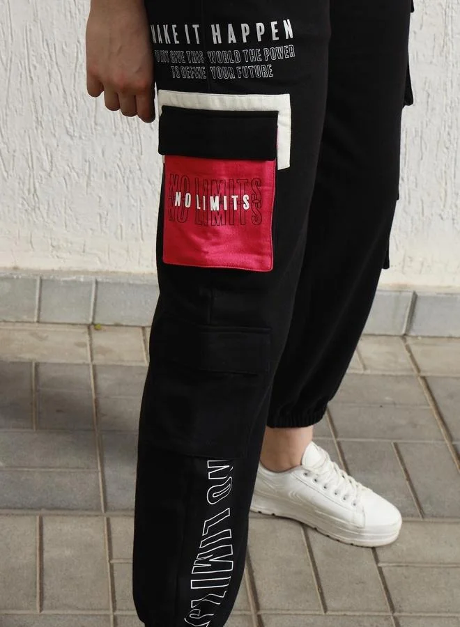 Hubberholme Women's Black Cotton Blend Printed Full Length Cargo Regular Fit Trouser