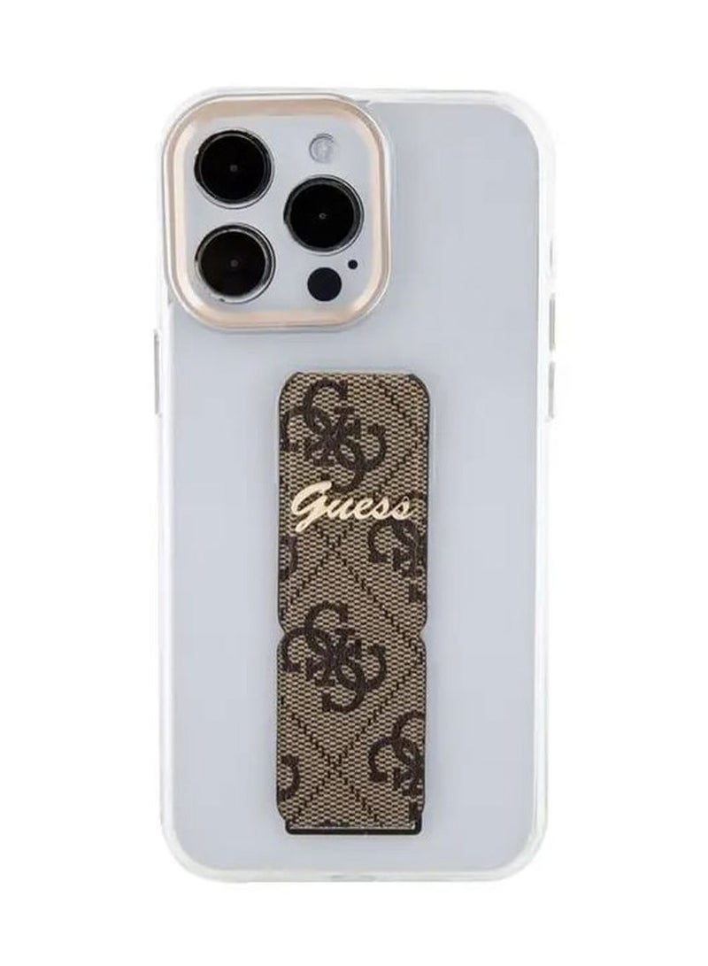 GUESS iPhone 15 Pro Max Grip stand Clear Back Cover with 4G Script Logo - Brown - Image 1
