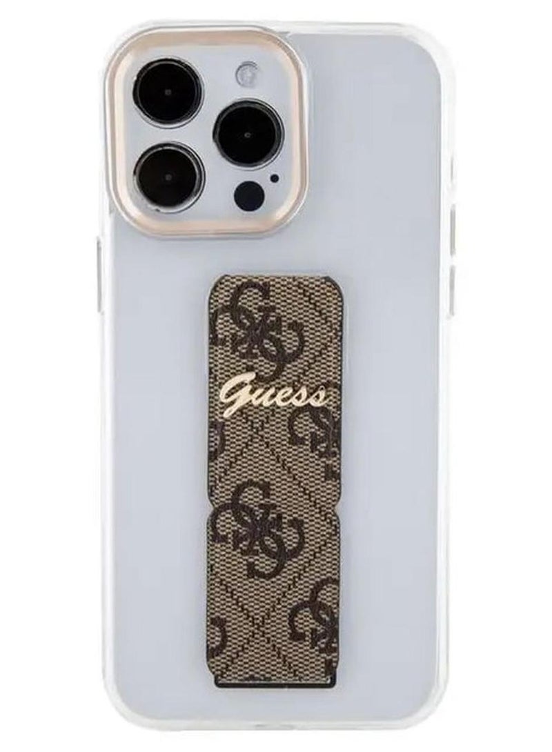 جس غطاء خلفي شفاف مع حامل لهاتف iPhone 15 Pro Max مع شعار 4G Script - بني - Image 1