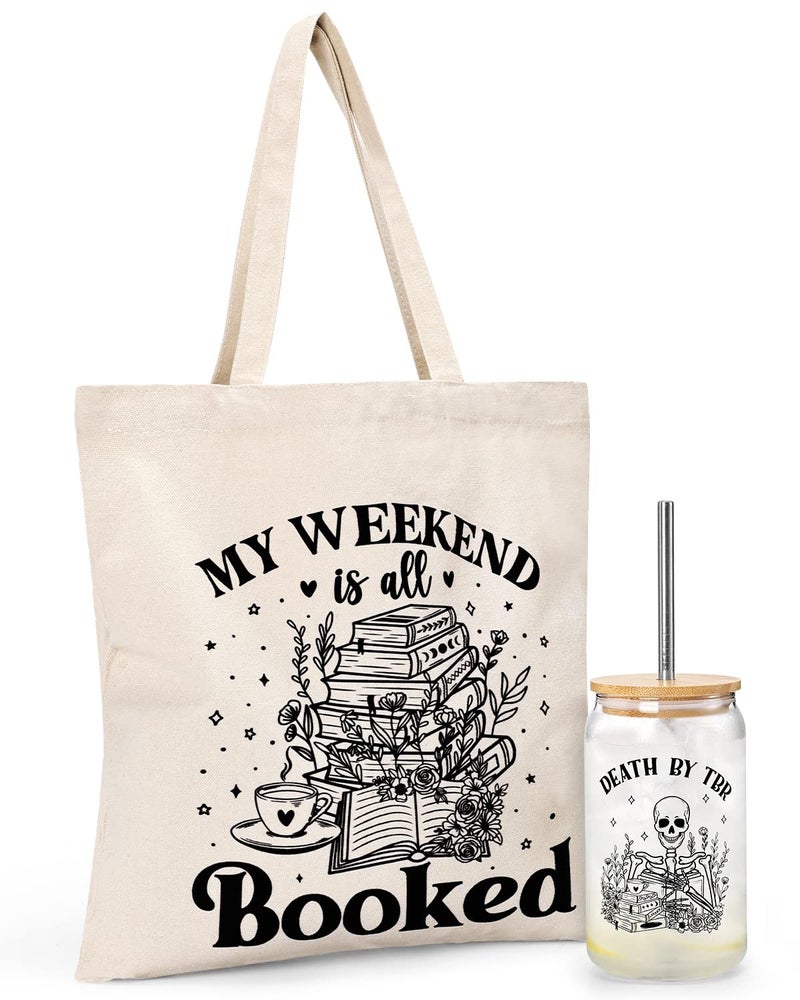 Tuitessine Tuitessine Bookish Gifts for Book Lover Readers Canvas Tote Bag Glass Cup Set Women Teacher Appreciation Gifts Family Birthday Presents 