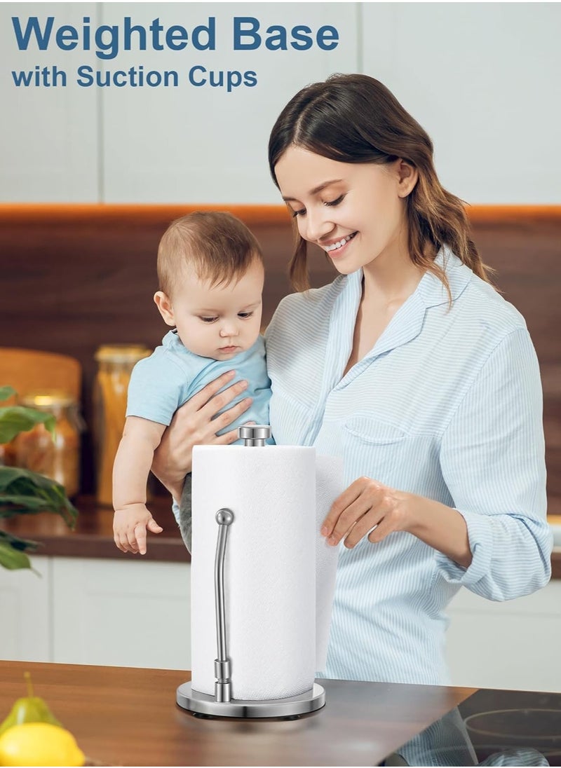 MIXDE Paper Towel Holder, Paper Towel Dispenser Standing Weighted Base Non Slip, Spring Arm Fit Most Size Paper Roll, Stainless Steel Paper Towel for Home Kitchen Countertop Tabletop, Silver  - Image 5