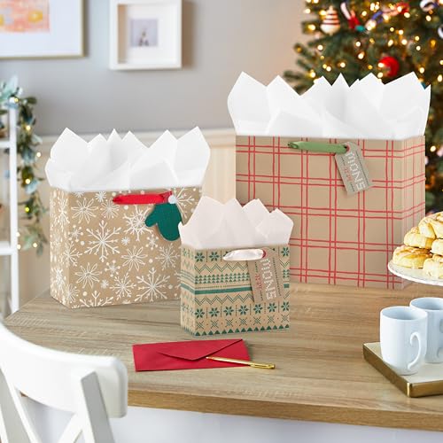 Hallmark Holiday Kraft Gift Bags with Gift Tags 8 Horizontal Bags 8 Tags Snowflakes Mittens Let It Snow - Image 3