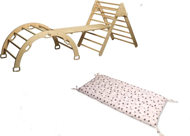 Kidoppo Pikler Climbing Set and Pillow | Montessori Set of 3 | Arch + Triangle + Stair Ramp + Star Pattern Pillow