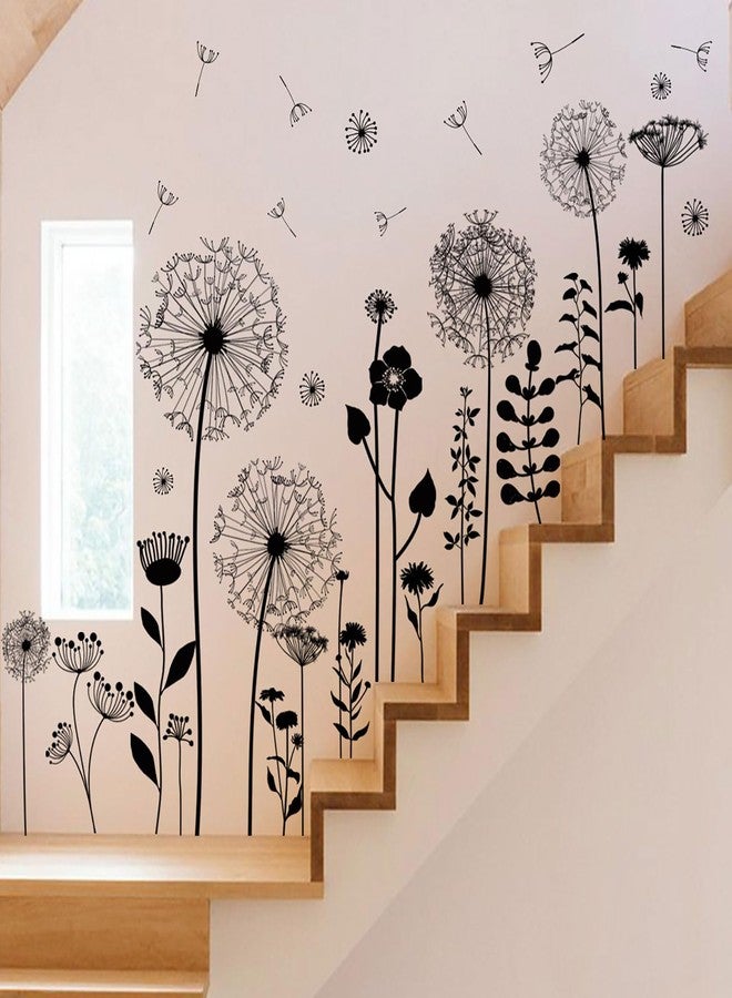 CharmFlo Black Dandelion Wall Decals Peel and Stick - Large Floral Wall Art Stickers with Flying Flowers, Boho Vintage Removable Vinyl Decor for Bedroom Living Room Nursery Bathroom - Image 1