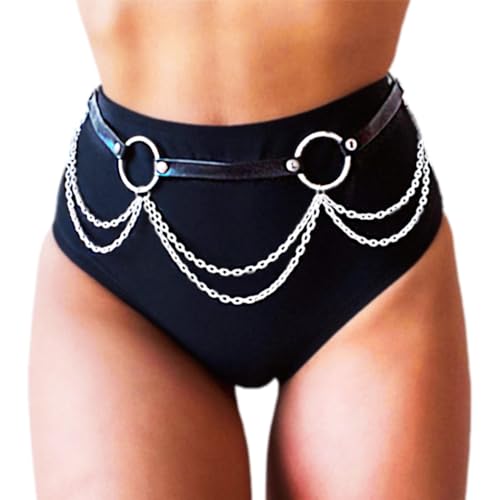 REETAN Rave Waist Chain Belt Punk Black Leather Body Accessories for Women - Image 1
