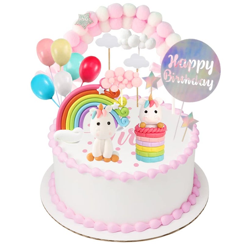 YINVA Unicon Cake Topper Decoration 27 Pcs Including 7 Clouds, 1 Rainbow, 1 Star Hairball Arch, 6 Balloons, 5 Stars, 4 Support Stick, 2 Unicons, 1 Happy Birthday, for Kids Birthday Baby Shower Party - Image 1