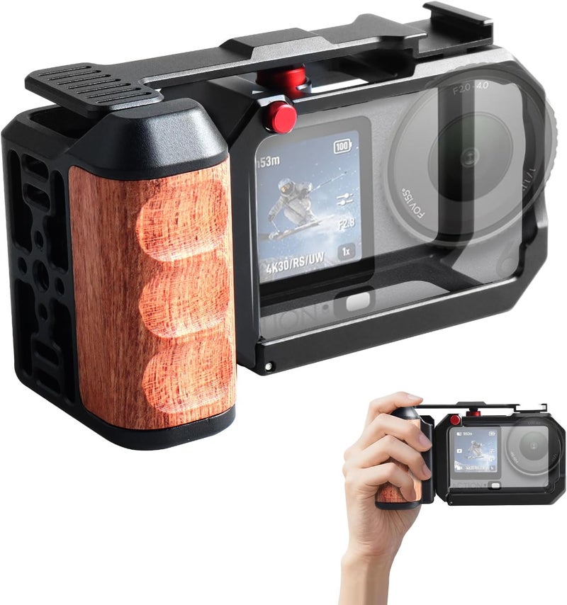 فوغاسون قفص الكاميرا للتصوير العمودي مع مقبض جانبي متوافق مع DJI OSMO Action 6، قفص من النوع المنقسم ومقبض يدوي مع شريط امتداد مصراع الكاميرا المتأرجح وتركيب حذاء بارد مدمج - Image 1