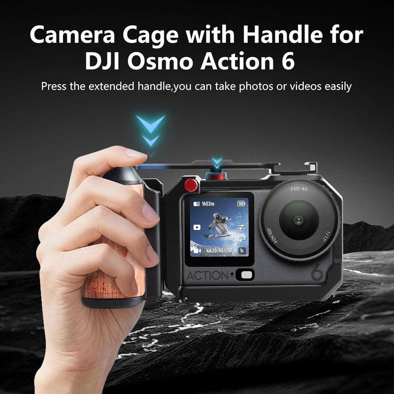 فوغاسون قفص الكاميرا للتصوير العمودي مع مقبض جانبي متوافق مع DJI OSMO Action 6، قفص من النوع المنقسم ومقبض يدوي مع شريط امتداد مصراع الكاميرا المتأرجح وتركيب حذاء بارد مدمج - Image 2