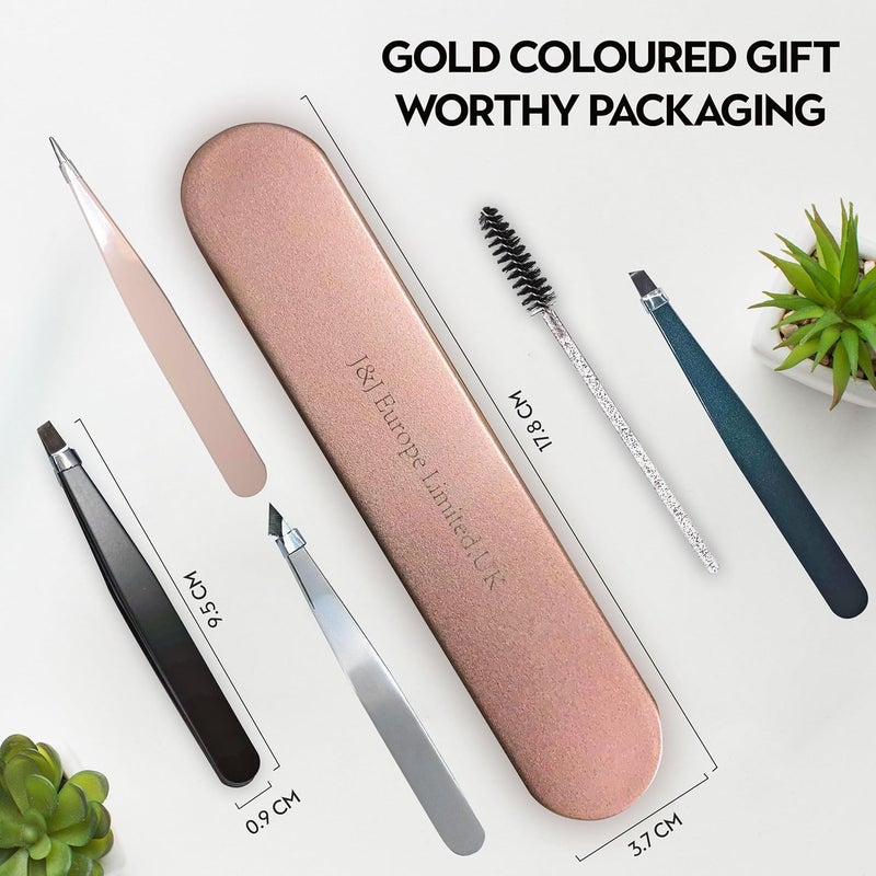 J&J Tweezer Best Tweezers, Precision Tweezers, Professional Stainless Steel for Eyebrow, Splinters, Eyelash Extensions â€“ Precision Grip -4-Pack with Eyebrow Brush - Image 2