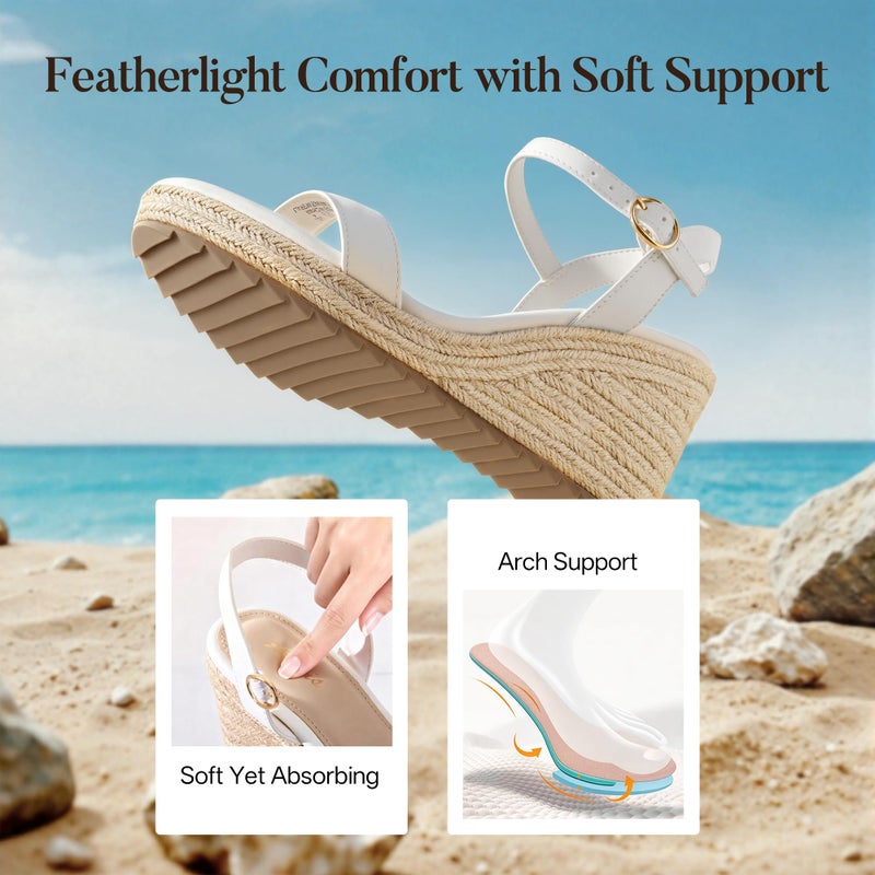 Ankis Platform Wedge Sandals for Women, White Espadrille Womens Wedge Sandals Comfortable Open Toe Ankle Strap High Heel Wedges for Women Dressy Summer -3.4Inch - Image 5