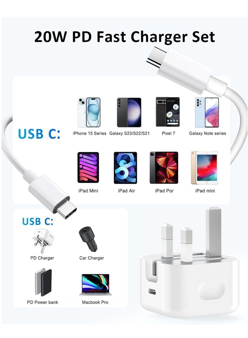 بيوينتي NEW 2-Pack USB Type-C Fast Charger for iPhone 15 and Samsung Galaxy – 20W UK Wall PD Adapter with USB-C to C Cable - Image 4