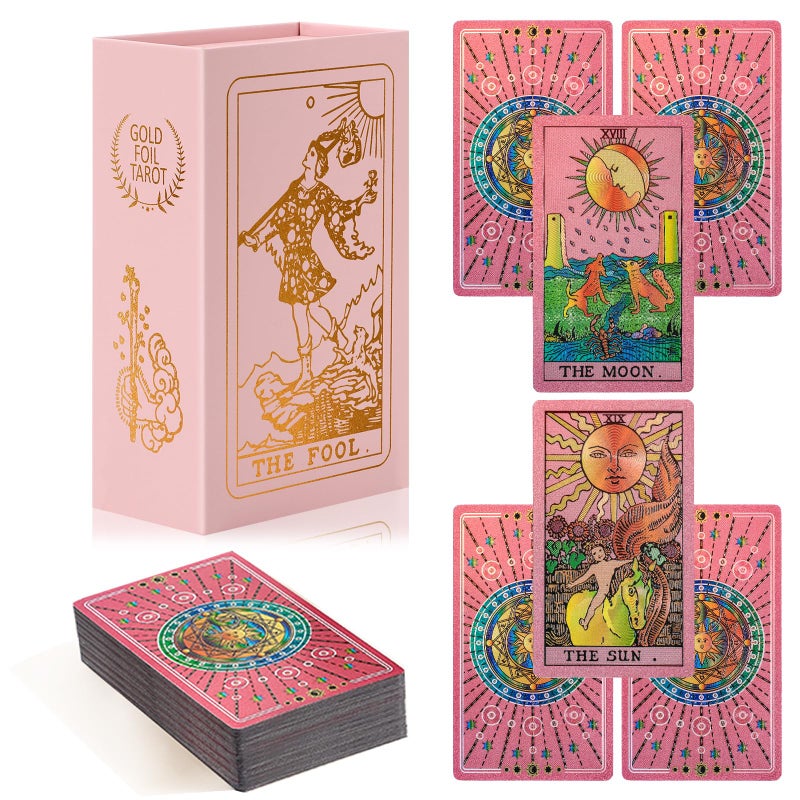 lrjrizzo Tarot Cards for Beginners Pink Tarot Cards with Guide Book Gold Foil with Meanings on Them 78 Classic Origina Rider Waite Taro Deck Fortune Telling GamePink - Image 2