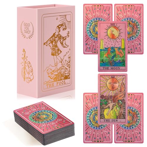 lrjrizzo Tarot Cards for Beginners Pink Tarot Cards with Guide Book Gold Foil with Meanings on Them 78 Classic Origina Rider Waite Taro Deck Fortune Telling GamePink - Image 1