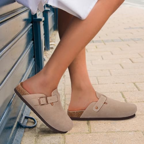ODOLY Genuine Suede Clogs for Women Men Soft Cork Footbed Leather Mules Comfort Potato Shoes with Arch Support, Taupe-38 - Image 2