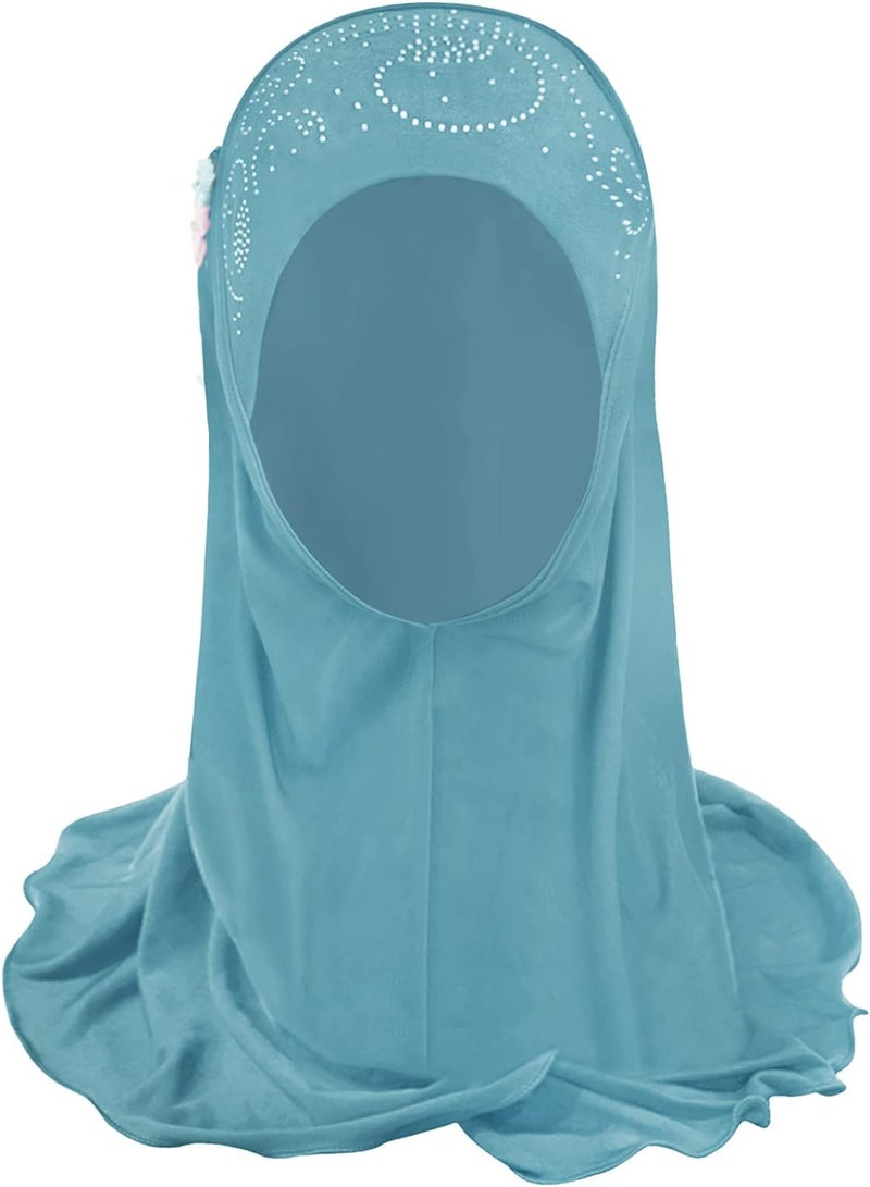 NICEYST Girls Ice Silk Muslim Khimar Hijab Headscarf Flower Arab Scarf Shawls Neck Wrap Islamic Head Wrap for Age 2-7 Years - Image 3