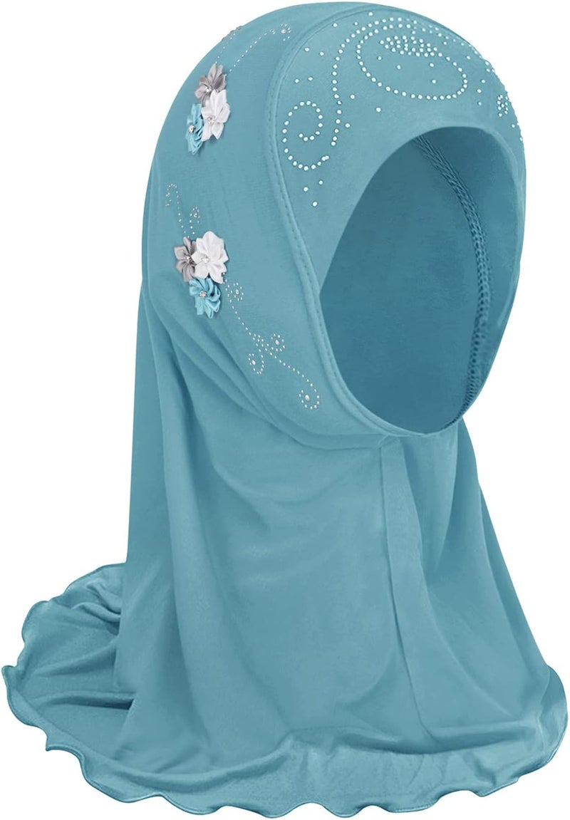 NICEYST Girls Ice Silk Muslim Khimar Hijab Headscarf Flower Arab Scarf Shawls Neck Wrap Islamic Head Wrap for Age 2-7 Years - Image 1