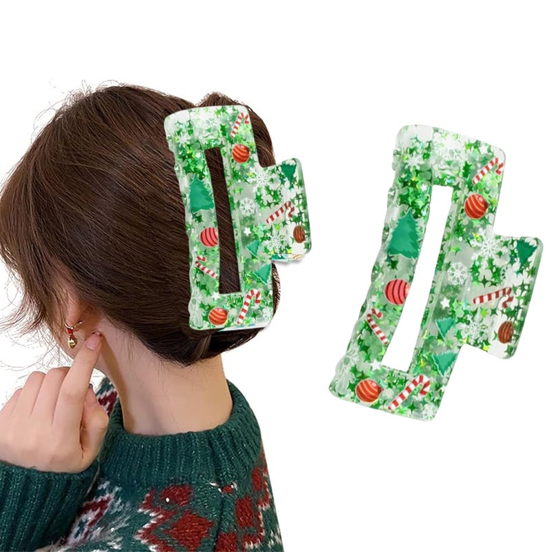 Christmas Hair Clips Green Christmas Tree Bell Winter Hair Claw Clips for Women French Star Design Acrylic Square Large Hair Claw Clip Christmas Hair Accessories for Thick Thin Hair Decorations 1Pcs