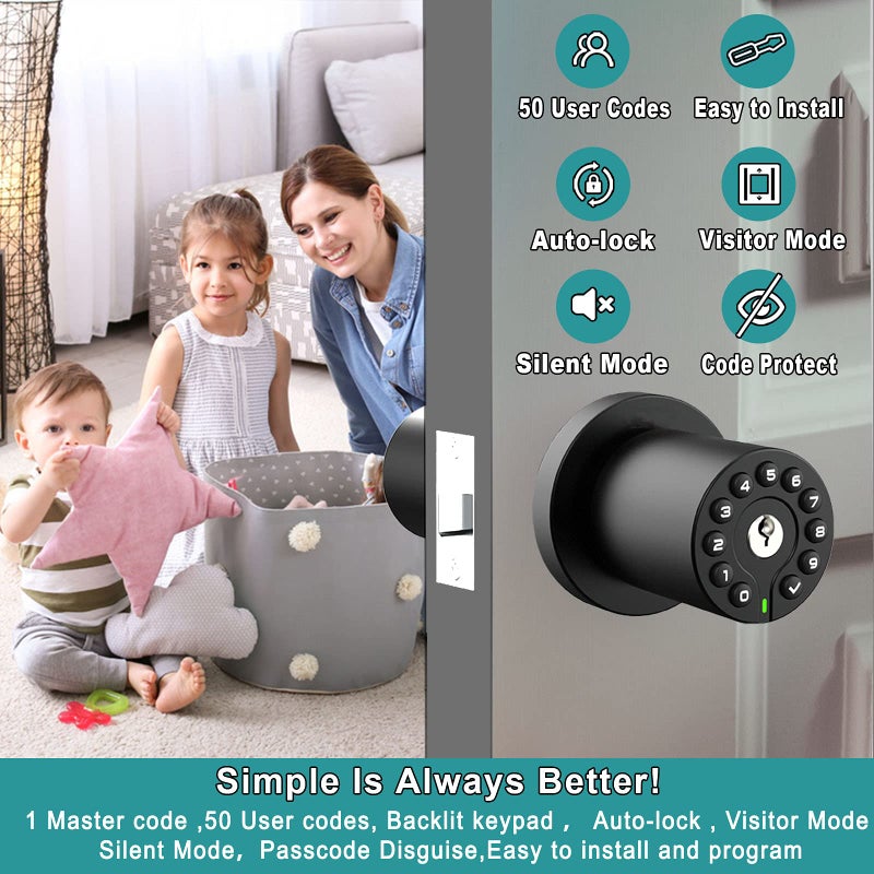 BOTHSTAR Keypad Door Knob with Key,Keyless Entry Door Lock, Code Locks Door Knob, Auto Lock,50 User Code,Easy to Install,for Home,Office,Hotel,Bedroom,Garage,No Deadbolt, Matte Black Finish - Image 2