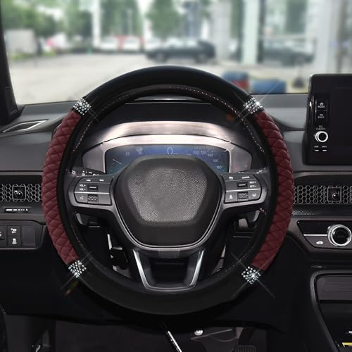 Tecledsn Bling Soft Leather Steering Wheel Cover 15 Inch Colorful Rhinestones Auto Elastic Steering Wheel Protector for Women Girls Car Accessories Anti Slip Steering Wheel Cover for Cars SUVs Wine red - Image 1
