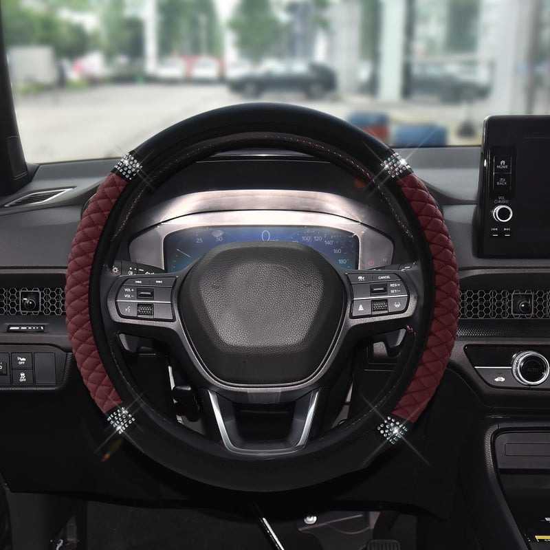 Tecledsn Bling Soft Leather Steering Wheel Cover 15 Inch Colorful Rhinestones Auto Elastic Steering Wheel Protector for Women Girls Car Accessories Anti Slip Steering Wheel Cover for Cars SUVs Wine red - Image 3