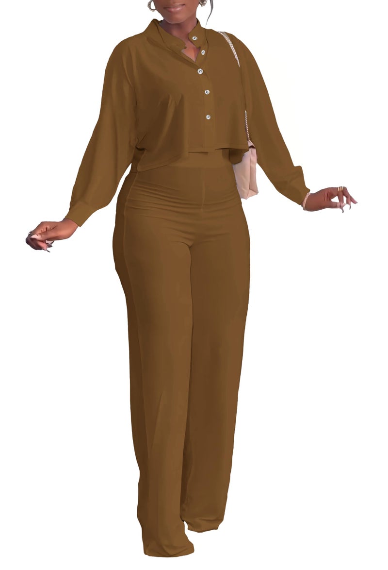 HBQ Women's 2 Piece Outfits Casual Tracksuit Long Sleeve Button Down Crop Top Wide Leg Long Pant Lounge Sets-L-Coffee - Image 5