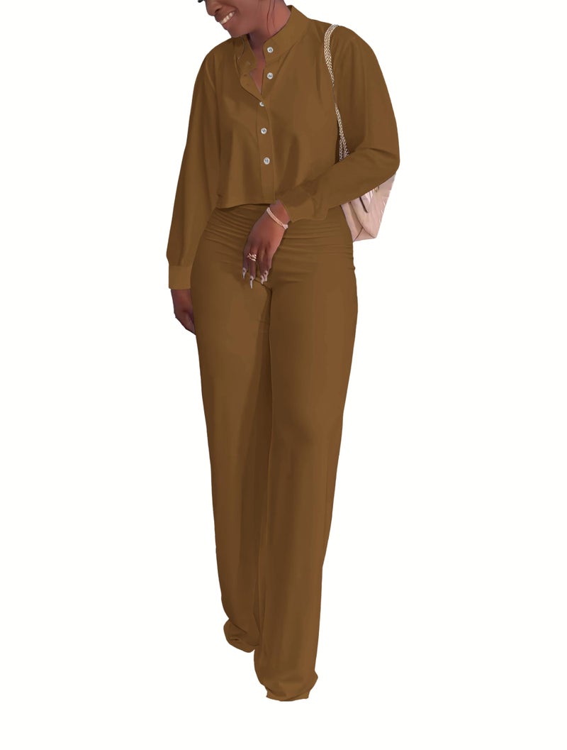 HBQ Women's 2 Piece Outfits Casual Tracksuit Long Sleeve Button Down Crop Top Wide Leg Long Pant Lounge Sets-L-Coffee - Image 2