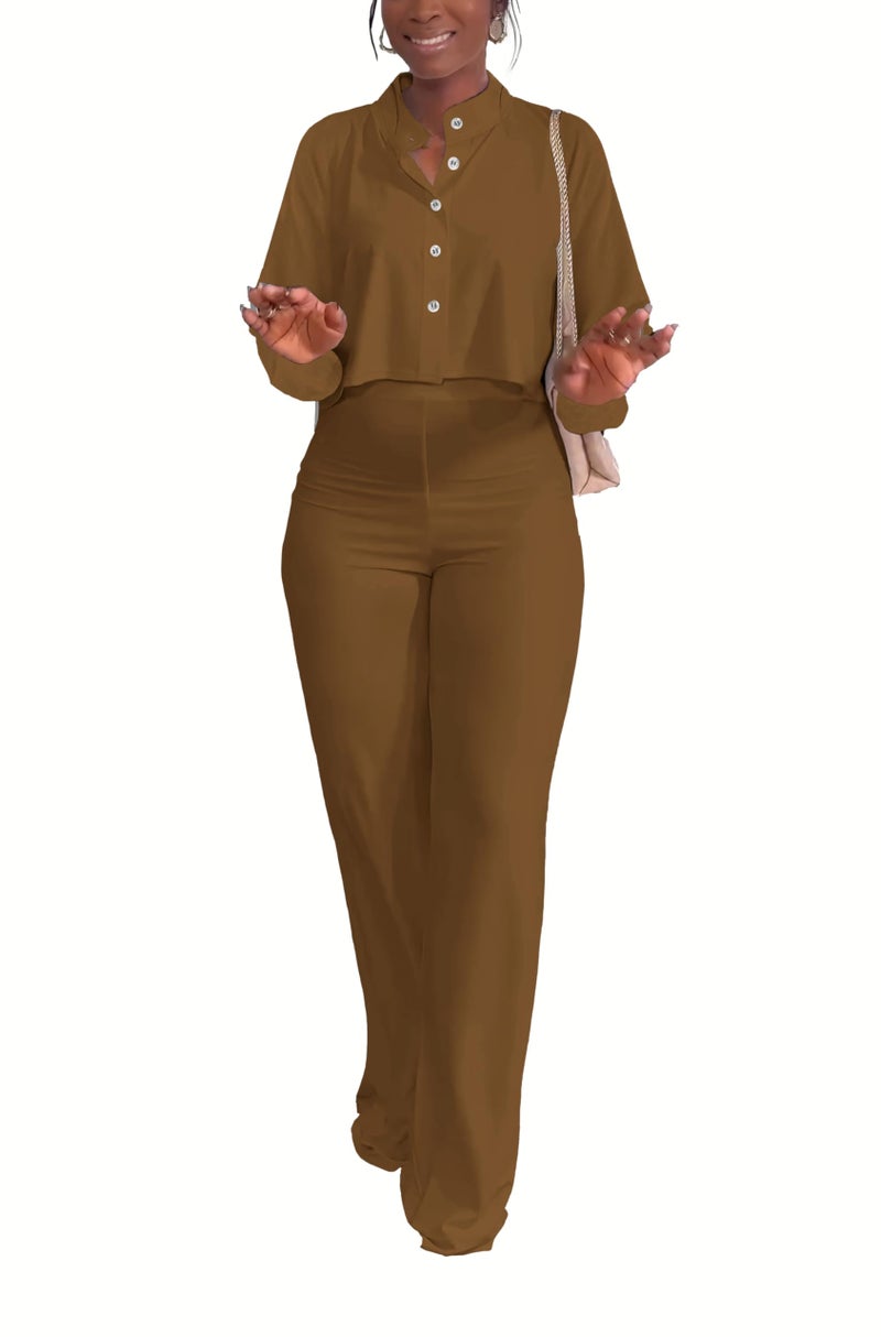 HBQ Women's 2 Piece Outfits Casual Tracksuit Long Sleeve Button Down Crop Top Wide Leg Long Pant Lounge Sets-L-Coffee - Image 4