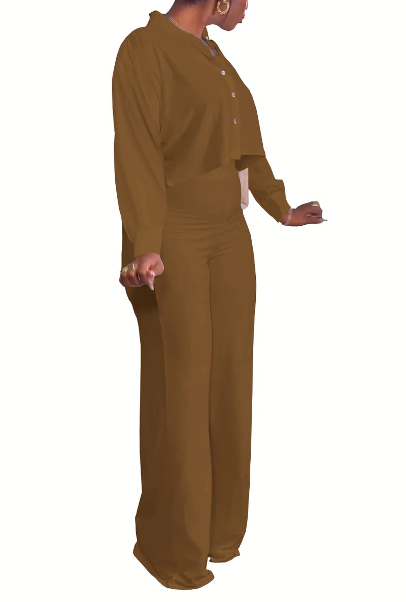 HBQ Women's 2 Piece Outfits Casual Tracksuit Long Sleeve Button Down Crop Top Wide Leg Long Pant Lounge Sets-L-Coffee - Image 3