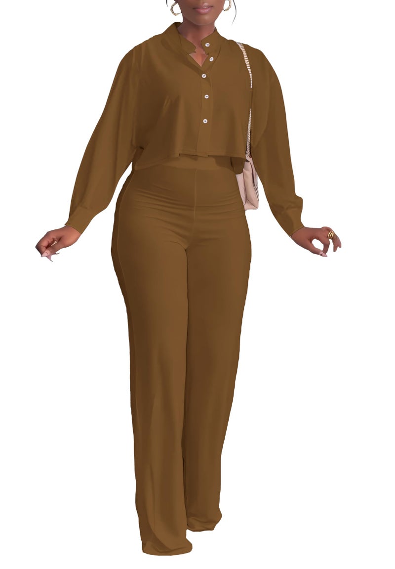 HBQ Women's 2 Piece Outfits Casual Tracksuit Long Sleeve Button Down Crop Top Wide Leg Long Pant Lounge Sets-L-Coffee - Image 1