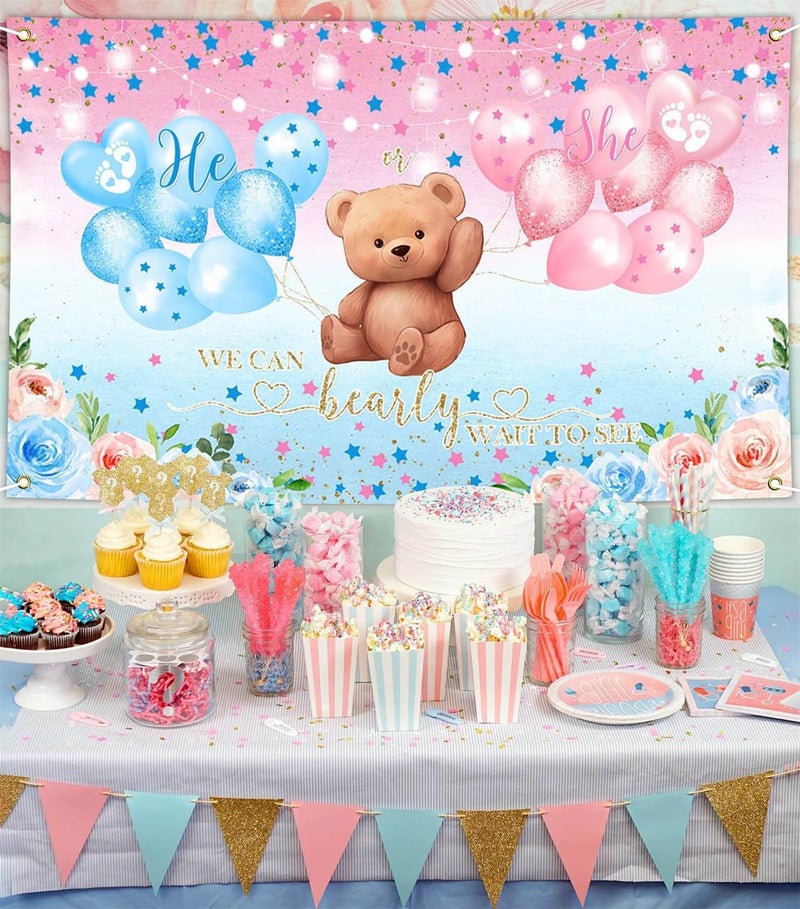 Avezano We Can Bearly Wait to See Banner He or She Gender Reveal Party Supplies Pink and Blue Baby Reveal Party Decorations Bear Theme Backdrop Photo Booth Background 70.8 x 43.3 Inch - Image 2