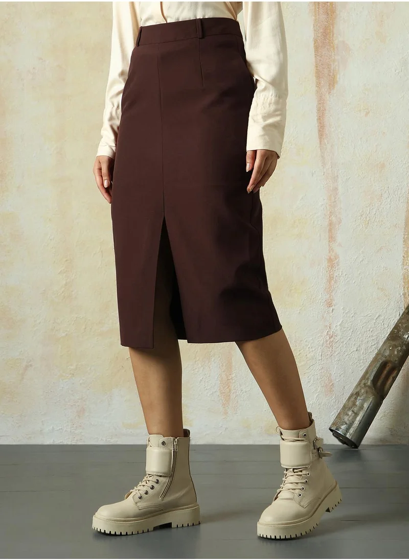 HIGH STAR Women's Brown Polyester Blend Solid Midi Pencil Slim Fit Skirt