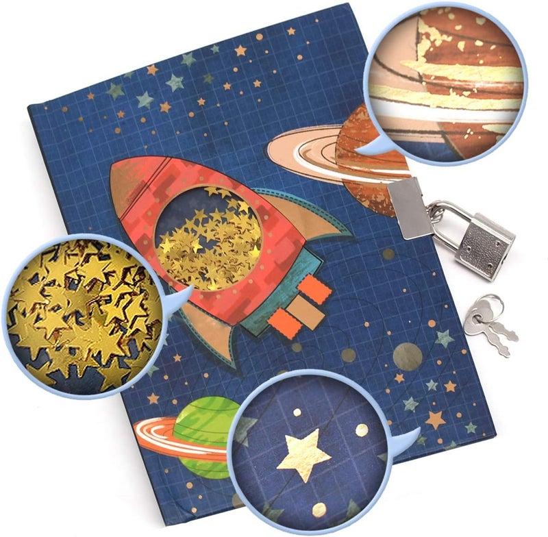 GINMLYDA Boys Diary with Lock for Kids, Spacecraft Diaries 7.1x5.3 inches 160 Pages Cute Boy Journal Secret Notebook with Lock and Key for Little Kid Writing Drawing Gift for Pre school Age 6,8,12 - Image 3