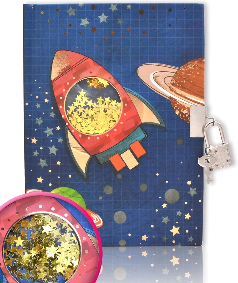 GINMLYDA Boys Diary with Lock for Kids, Spacecraft Diaries 7.1x5.3 inches 160 Pages Cute Boy Journal Secret Notebook with Lock and Key for Little Kid Writing Drawing Gift for Pre school Age 6,8,12 - Image 1