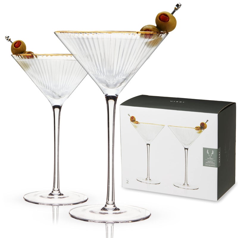 Viski Meridian Martini Glasses Stemmed Fun Cocktail Glasses Art Deco Ripple Gold Rimmed Crystal Glassware 78oz Set of 2