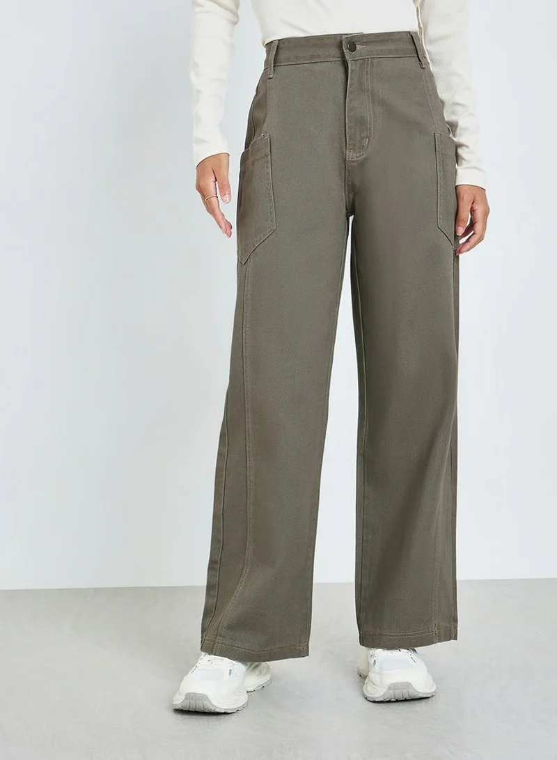 Styli Styli Khaki Wide Leg Cargo Jeans