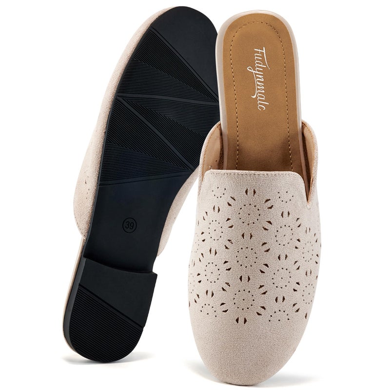 FUDYNMALC Womens Mules Flats Shoes: Casual Closed Toe Suede Backless Loafers Comfortable Dressy Slip-on Slides Footwear Beige - Image 1
