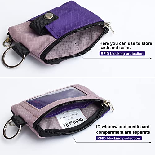 CHENSPRX Minimalist RFID Blocking Small Wallet with ID Window,WaterResistant Zip Id Case Wallet with Lanyard Keychain for Cards,Cash,Travel,Women,Men (Purple+LightPurple) - Image 4