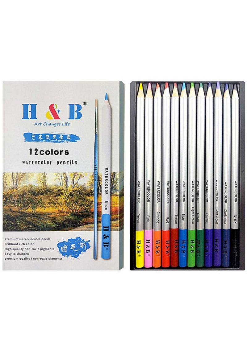 H&B - 12 Colors Watercolor Pencils With Brush for Art Drawing Student School Supply - Image 1