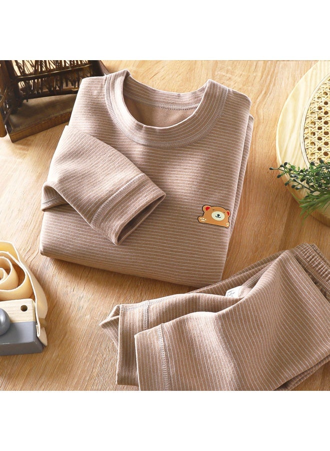 Children's Boneless Velvet Mid-high Collar Clothes Long Pants Suit Men's And Women's Baby Striped Thickened Thermal Underwear Suit