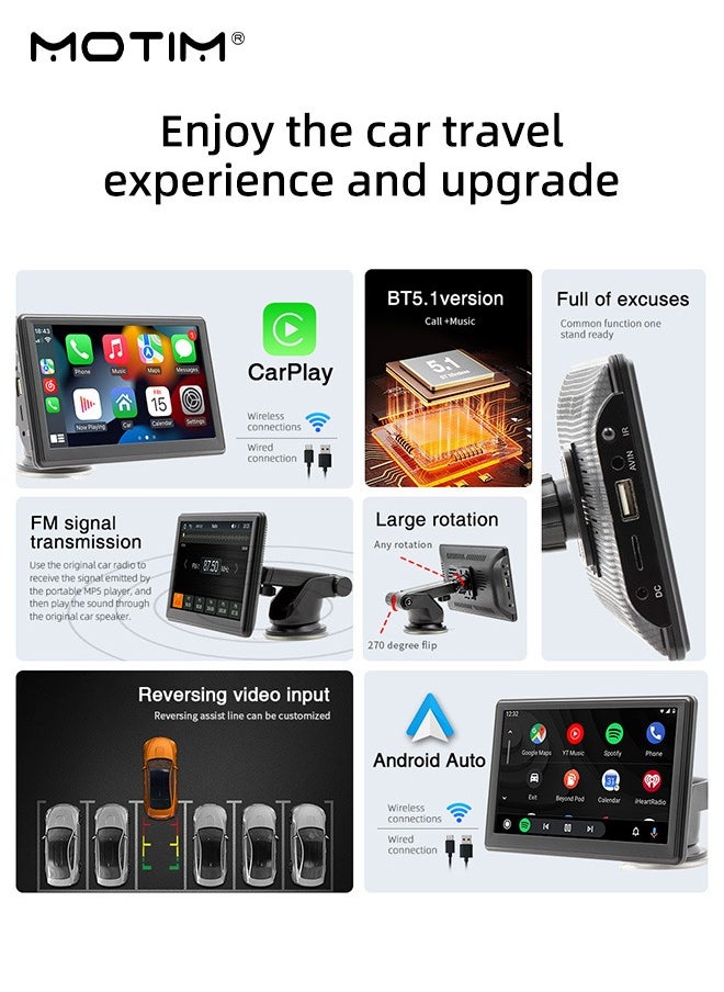 Motim - Wireless CarPlay with 7 Inch Screen, Supports Apple CarPlay and Android Auto, Touch Screen Car MP5 Player Car Audio - WiFi, Bluetooth, FM, Car Portable Console Adapter, Link FM Transmitter AUX Output USB TF - Image 1