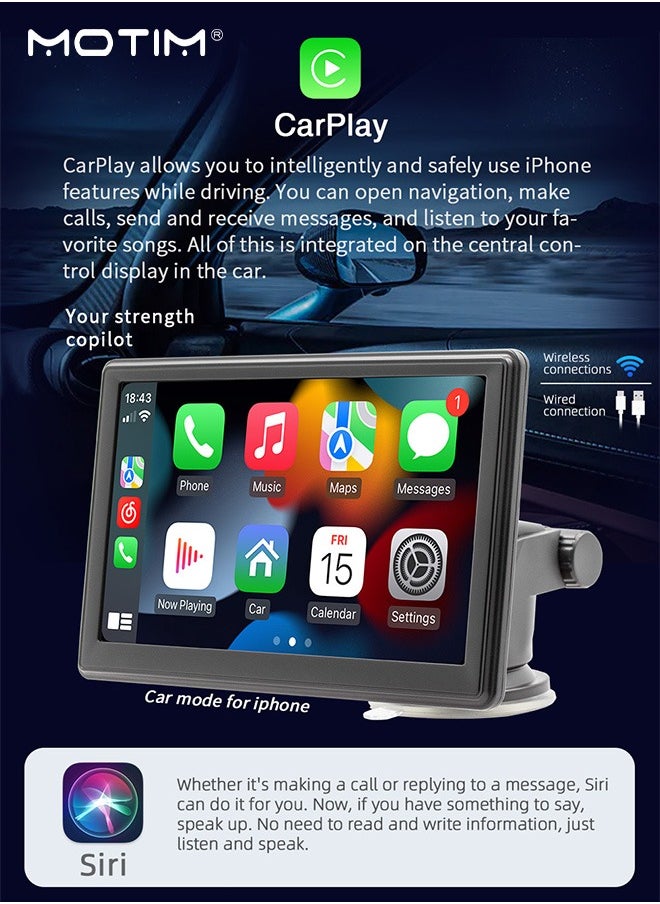 Motim - Wireless CarPlay with 7 Inch Screen, Supports Apple CarPlay and Android Auto, Touch Screen Car MP5 Player Car Audio - WiFi, Bluetooth, FM, Car Portable Console Adapter, Link FM Transmitter AUX Output USB TF - Image 1