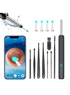 Ear Wax Removal, Wi-Fi Visible Wax Elimination Spoon with 4 Soft Silicone Ear Scoops and 8 black ear spoons, Wireless Ear Endoscope 1296P HD with LED Light for iPhone, iPad, Android Phones (Black)