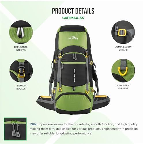 TRAWOC GRITMAX 55 Litre Travel Bag Front & Top Open Backpack for Hiking Trekking Camping, Rucksack Bag for Men & Women with Rain Cover and Shoe Compartment SHK017, Green, 3 Year Warranty - Image 2