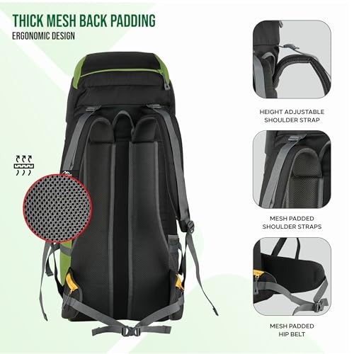 TRAWOC GRITMAX 55 Litre Travel Bag Front & Top Open Backpack for Hiking Trekking Camping, Rucksack Bag for Men & Women with Rain Cover and Shoe Compartment SHK017, Green, 3 Year Warranty - Image 3