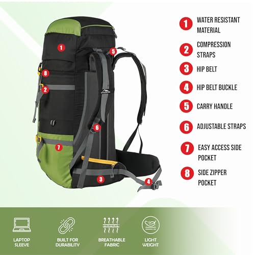 TRAWOC GRITMAX 55 Litre Travel Bag Front & Top Open Backpack for Hiking Trekking Camping, Rucksack Bag for Men & Women with Rain Cover and Shoe Compartment SHK017, Green, 3 Year Warranty - Image 5
