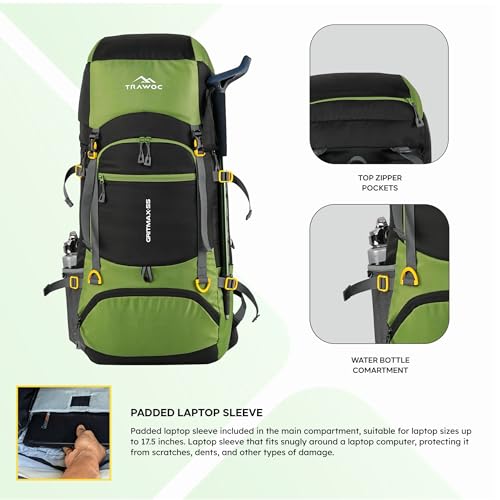 TRAWOC GRITMAX 55 Litre Travel Bag Front & Top Open Backpack for Hiking Trekking Camping, Rucksack Bag for Men & Women with Rain Cover and Shoe Compartment SHK017, Green, 3 Year Warranty - Image 4