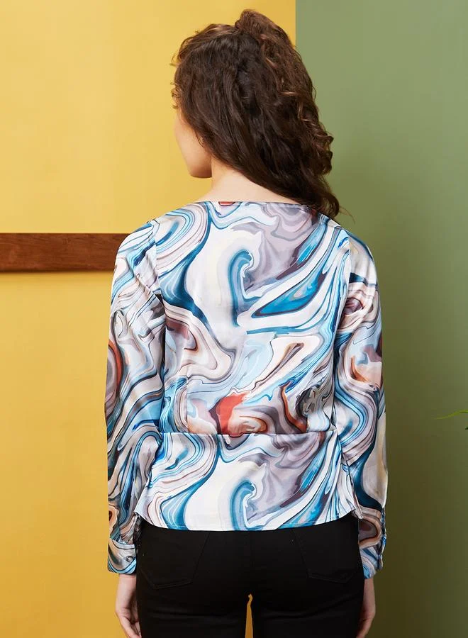 globus Printed Wrap V-Neck Long Sleeve Top