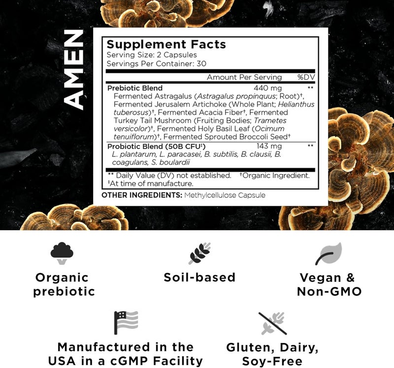 Amen Probiotics Supplement SBO Probiotic and Organic Prebiotics 50 Billion CFUs Shelf Stable No Refrigeration Required Flora Daily Probiotic Formula for Women  Men Vegan  NonGMO 60 Capsules - Image 2