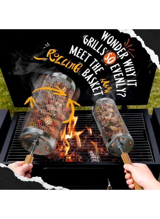 HOMESTAR Rolling Grill Basket, Outdoor BBQ Grill Basket With Removable Wood Handle, Stainless Steel Rolling Roasting Cage, Grill Tool For Vegetables, Shrimp,Fish, Meat Food, Perfect For Camping and Gift For Dad/Husband/Men, 35x9.5cm - Image 4