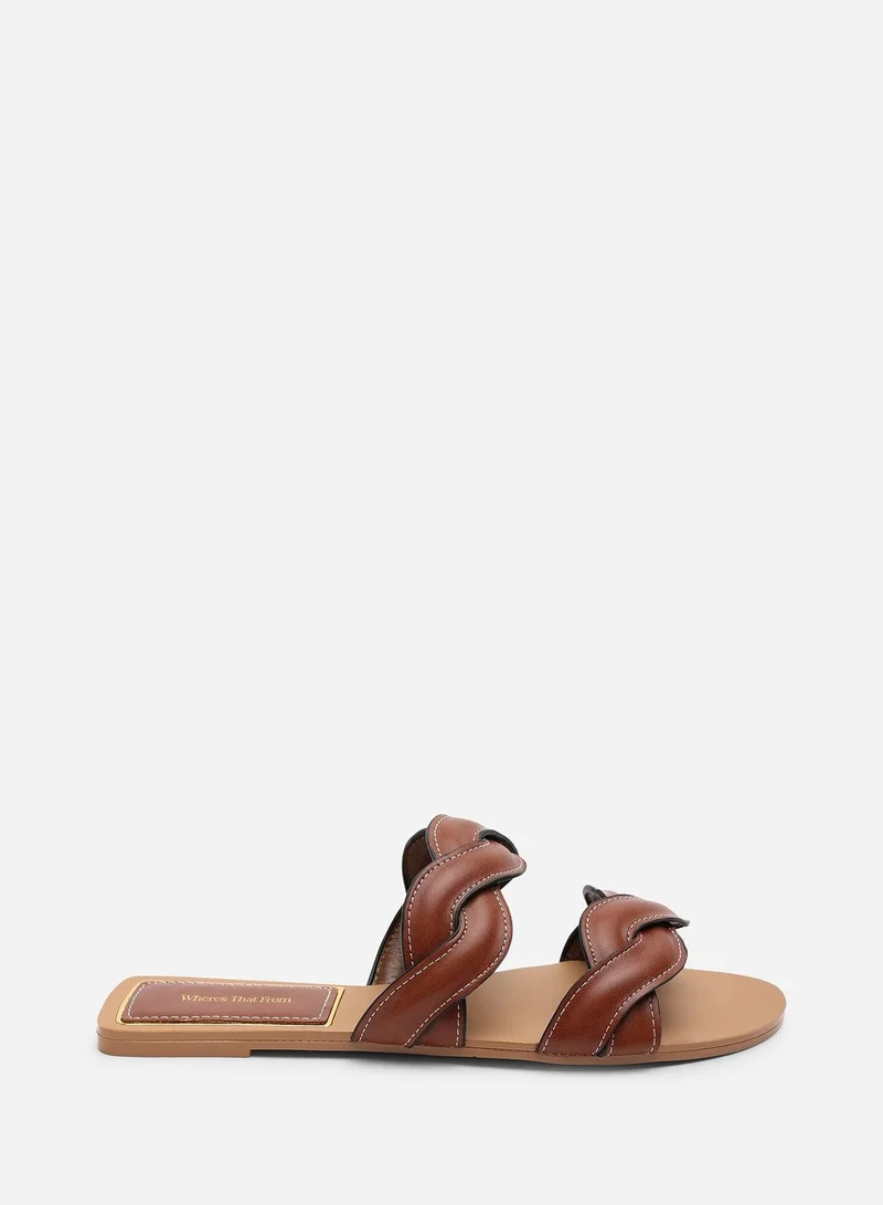 Where's That From Julietta Two Strap Braided Tan Slip on Sandals with Contrast Stitching
